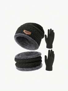 1/2/3pcs Unisex Solid Color Warm Knitted Hat With Scarf And Gloves Set, Thick Thermal Lining, Suitable For Daily Wear, Hiking, Vacation, Skiing, Etc. Autumn Decor