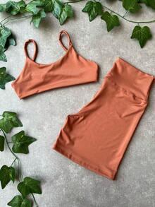 Women's Fitness Set Gym Open Back Top With Shorts - 淺褐色的 - 查看 2