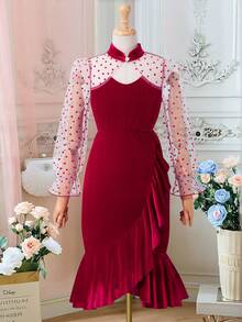 Girls' Velvet Patchwork Mesh Collar Elegant Fishtail Dress, Suitable For Spring & Autumn