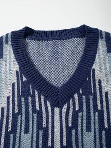 ANDREILEE Autumn Geometric Pattern Knit Casual Loose Fit V-Neck Sleeveless Vest, Versatile Business Unisex Pullover Top - Blue - View 6