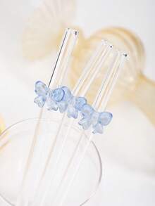 2/4/6/8pcs Cute Cartoon Blue Bow Glass Straws, Curved Reusable Glass Straws, Suitable For Milkshakes, Milk, Tea, Juice, Cocktails And Cold Drinks, Girlfriend Gift, Dessert Shop, Sparkling Water, Snack Shop, Office, Bar, Restaurant - Blue - View 5