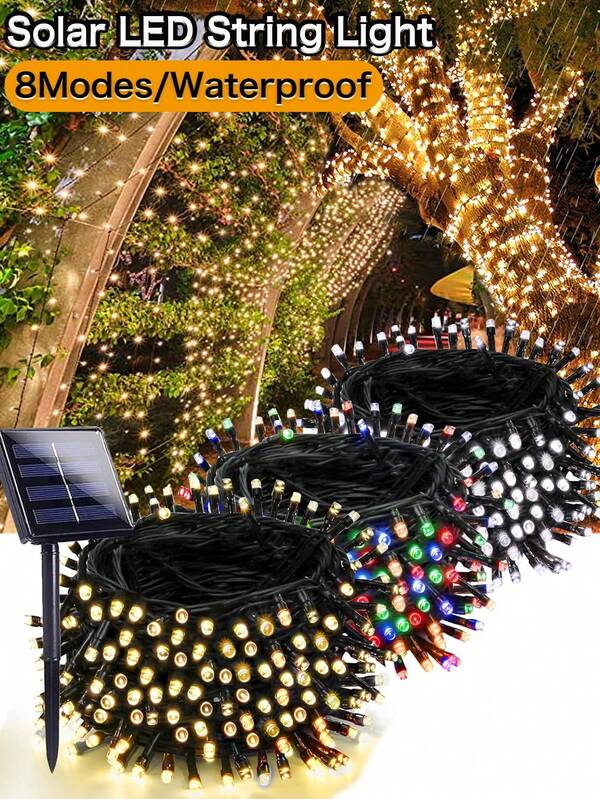 1 peça 5M/7M/12M/22M, 20/50/100/200 LEDs, cordão de luz solar à prova d'água, faixa de luz solar para áreas externas, 8 modos de iluminação, cordão de luz solar para jardim, camping, festa, Dia da Independência, Natal, casamento, baile de formatura, aniversário, decoração de pátio