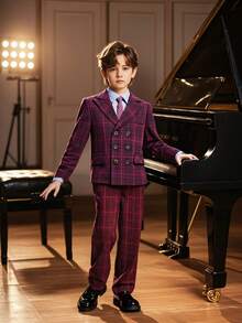 Boys' Plaid Gentleman Suit Set - Plaid Blazer + Pants + Tie, Suitable For Parties, Banquets, Dances And Other Occasions - Màu Đỏ Sâu - Xem 5