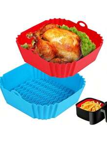 2pcs Square Silicone Air Fryer Liners - 8 Inch Reusable Air Fryer Pan - Air Fryer Accessories - 4 To 7QT Oven Microwave Accessories (Red + Blue) - 藍色+紅色 - 查看 6