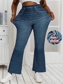 Plus Size Denim Effect Stretch Flare Leggings High-Waisted Loose Wide Leg Pants For For Everyday And Wear