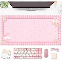 Cute Pink Plaid Desk Mats Strawberry Milk Gaming Desk Pad 31.5x15.75in, Kawaii Extended Mouse Pad Kawaii Large Keyboard Mats XXL, Laptop Mat For Desk, Desktop Mat Mousepad Office Decor For Women - 黑色 - 查看 2