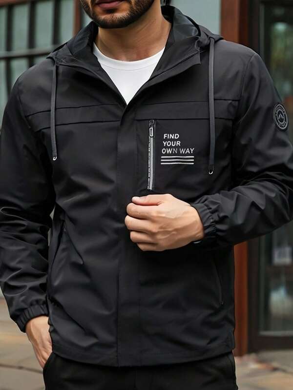 Men Hooded Windbreaker Jacket, Black Minimalist Design With Chest Print Decoration, Waterproof Zipper Pockets, Durable Polyester Fabric, Elastic Cuffs, Perfect For Outdoor Sports, Hiking, And Everyday Casual Wear., Fall