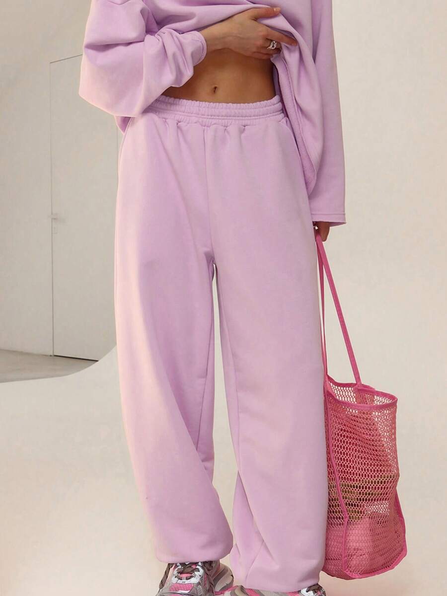Women Solid Baggy Sweatpants Casual Elastic Waist Wide Leg Sports Pants With Pockets Loose Trousers - 紫色 - 查看 1