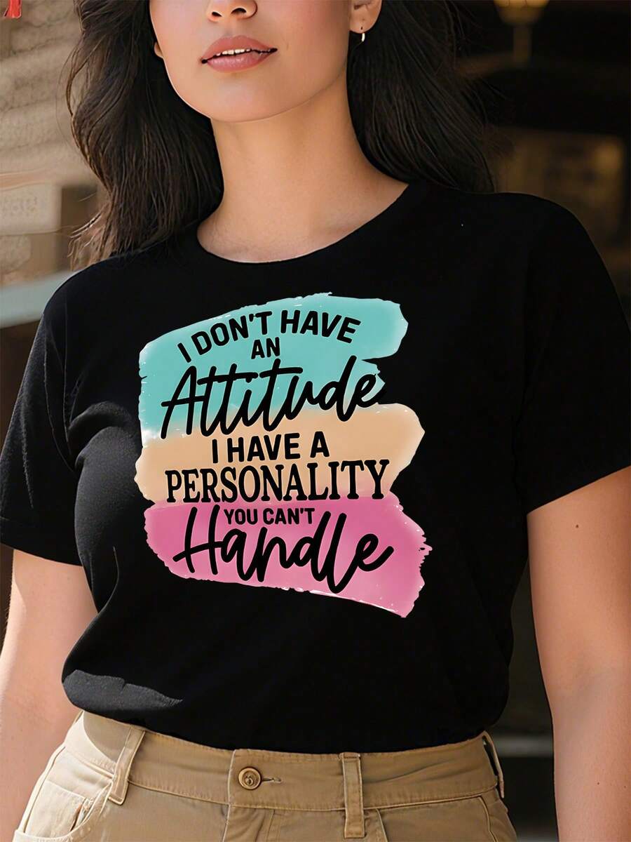 Camiseta Tops casuales de mujer con estampado texto actitud personalidad 220 g de algodón puro grueso y cómodo - Negro - Ver 1