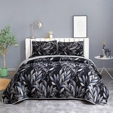 3Pcs Black Base Grey Floral Coverlet Set-Quilted Bedspread Sets, Suitable For Wedding Items,Valentines Day Home Bed Room Decor,Easter Ramadan Gifts,All Season - 黑色 - 查看 6