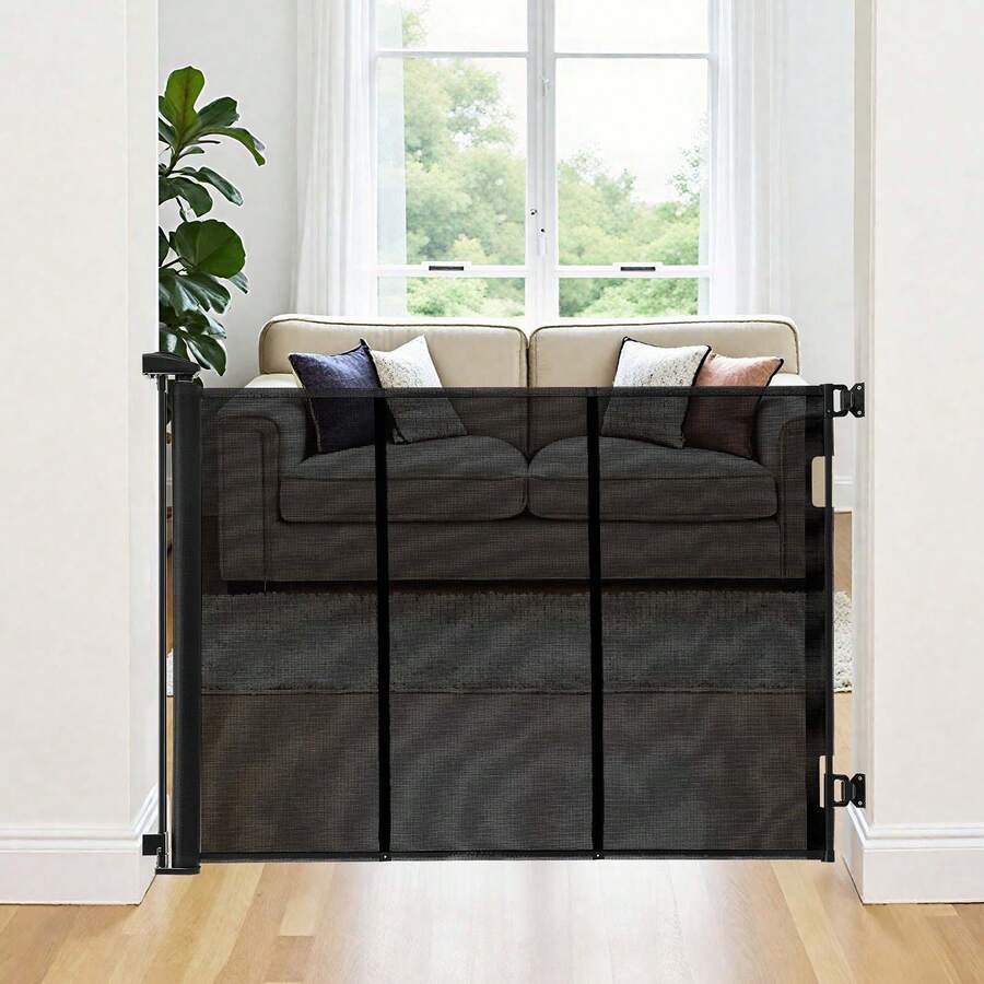 Retractable Baby Gate, Extends To 120 Inch Extra Wide, 38.5 Inch Tall, With Reinforced Fiberglass Strips, Avoids Crawling Through, Mesh Dog Gate For Decks, Doorways, Garages, Indoor, Black - Đen 120 inch 41 inch - Xem 1