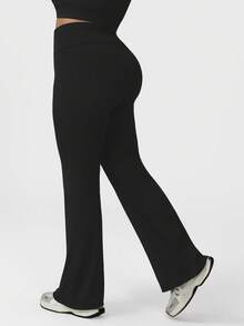 Sodalemon Plus Size Women's Foldable Waist Elastic Fitness Leggings, Outdoor Casual Tennis Flare Pants - Black - View 4