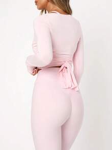 粉色瑜伽健身弹力柔软系带V领裹身长袖短款紧身T恤，时尚简约休闲优雅女装必备单品，春秋季 - 粉色 - 查看 4