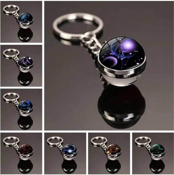 12 Constellation Glow In The Dark Creative Galaxy Keychain Good Luck Keychain Glass Ball Pendant Key Ring Couple Key Chain Improve Love Wealth Success