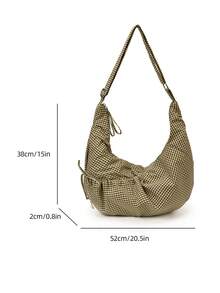 日式格子单肩包，时尚褶皱蝴蝶结拉链开合斜挎包，学校/大学生轻便折叠布包，适合购物、日常通勤，月牙形 - 彩色 - 查看 13