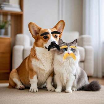 1 套逼真的胡须和眉毛宠物万圣节服装配饰、派对装饰、有趣可爱的浓密眉毛和胡须装饰套装，适合宠物猫狗所有季节