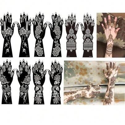 10 Sheets Henna Tattoo Stencils 10 Pair Arm Hand Tattoo Template Temporary  Arabian Glitter Airbrush Tattoo Stickers For Face Body Paint DIY (Black)