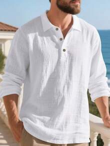 Men's White Linen Polo Collar Long Sleeve Shirt, Half-Button Design, Suitable For Beach Vacation, Back To School, 4th Of July Gathering & Tropical Travel, Autumn/Winter Layering