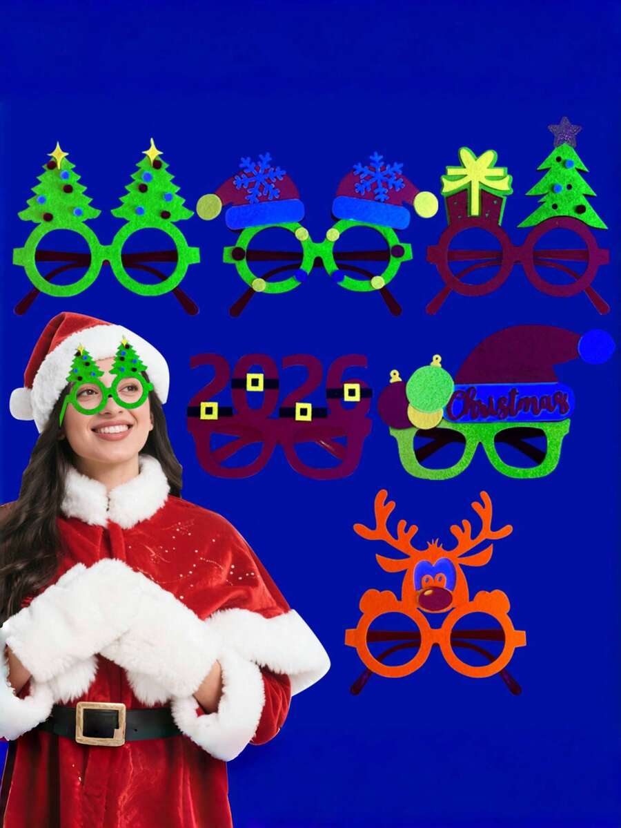 2026 Christmas Fluorescent Glasses, Cartoon Christmas Decor Photo Props, Neon Santa Hat & Reindeer Glasses Frame