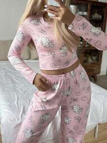2件套女士圆领短袖印花上衣和松紧腰裤可爱家居服套装，冬季服装 - 粉色 - 查看 7