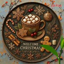 2D Flat, 1pc Vintage Christmas Hot Chocolate Wall Art - Round Iron Sign With Festive Decorations, "Welcome Christmas" Text, Perfect For Home, Kitchen, Garden, Or Office Decor, Holiday Decoration, Christmas Decorations For Home Home Decor Room Decor