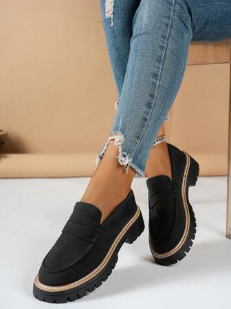 Women's Solid Color Round Toe Slip-On Thick Sole Loafers, 2025 Autumn/Winter New Fashion Versatile European And American Style Black Penny Loafers, Suitable For Campus, Commuting, Dating And Other Occasions