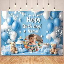 可定制照片名称蓝色熊生日快乐背景蓝色条纹木板气球生日蛋糕云装饰设计个性化生日、婴儿洗礼和派对背景摄影横幅道具乙烯基 - 小熊藍色 - 查看 3