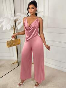 AIJ Amarilo Women's Sexy & Elegant Solid Color Spaghetti Strap Loose Jumpsuit Pink Summer - Pink - View 3