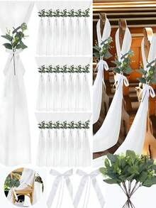 Conjunto de decoração para cadeiras de casamento 24/8 peças, tule de tecido transparente de chiffon e flores artificiais decorativas com laço de fita branca, decorações para festas de casamento, decorações elegantes para corredores de casamento, cerimônias, decorações para bancos de igreja, decorações para cadeiras, decorações para festas, decorações para casa, decorações para festas, Natal, artigos para festas de Ação de Graças