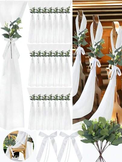 Juego de 24/8/4 piezas de decoración para respaldo de silla de boda, tela de gasa y tul con flores decorativas artificiales y cinta de satén con lazo blanco, decoración para fiesta de boda, decoración elegante para pasillo de boda, decoración para banco de iglesia de ceremonia, decoración de sillas