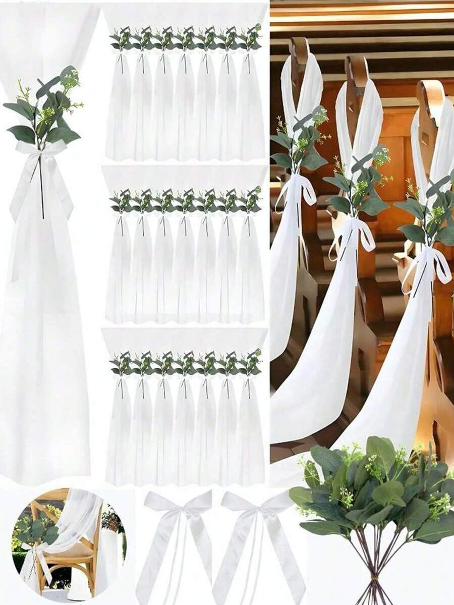Conjunto de decoração para cadeiras de casamento 24/8 peças, tule de tecido transparente de chiffon e flores artificiais decorativas com laço de fita branca, decorações para festas de casamento, decorações elegantes para corredores de casamento, cerimônias, decorações para bancos de igreja, decorações para cadeiras, decorações para festas, decorações para casa, decorações para festas, Natal, artigos para festas de Ação de Graças