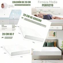 Colchones Matrimoniales con Gel de EnfriamientoColchon Matrimonial Colchon de 7zonas Confort Firmeza Media Alivio de Presion Funda Removible Lavable Sin Fibra de Vidrio Memory Foam135x190x20cm - Blanco - Ver 1