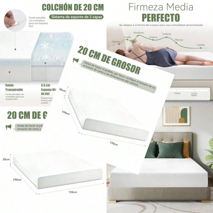 Colchones Matrimoniales con Gel de EnfriamientoColchon Matrimonial Colchon de 7zonas Confort Firmeza Media Alivio de Presion Funda Removible Lavable Sin Fibra de Vidrio Memory Foam135x190x20cm - Blanco - Ver 1
