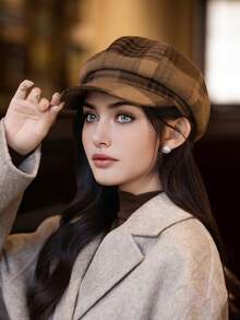 1pc Women's Autumn Beret Hat, Plaid Cloud Pattern, Casual Elegant Street Style Fashion, Versatile For Outdoor, Gathering, Cycling, Travel, Party, Daily Wear, Suitable For Autumn - MM2273 - View 1