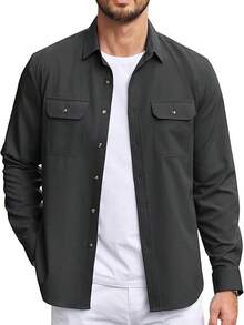 Mens Casual Button Down Shirts Long Sleeve Wrinkle-Free Shirt Lightweight Shirt Jacket - 深灰色 - 查看 1