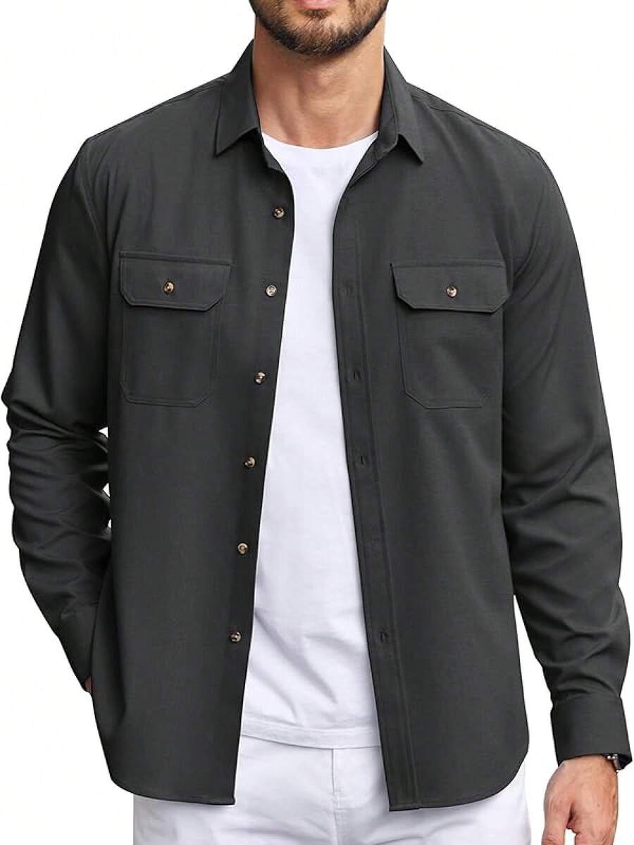 Mens Casual Button Down Shirts Long Sleeve Wrinkle-Free Shirt Lightweight Shirt Jacket - 深灰色 - 查看 1