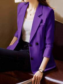 Women Plus Size Casual Plain Color Blazer, Spring/Autumn - Purple - View 4