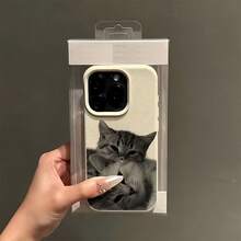 1pc White Matte Textured Cute Cat Design Phone Case, Compatible With IPhone 16 Pro Max, 15, 14 Plus, 13, 12, 11 And Series - Multicolor - View 4