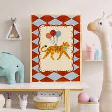 1pc Framed Canvas Wall Art, Tiger Theme For Kids Room, Circus Theme Nursery Decor, Balloon Animal Poster, Printable Children's Room Decor, Cartoon Animal Wall Art - Multicolor - View 1