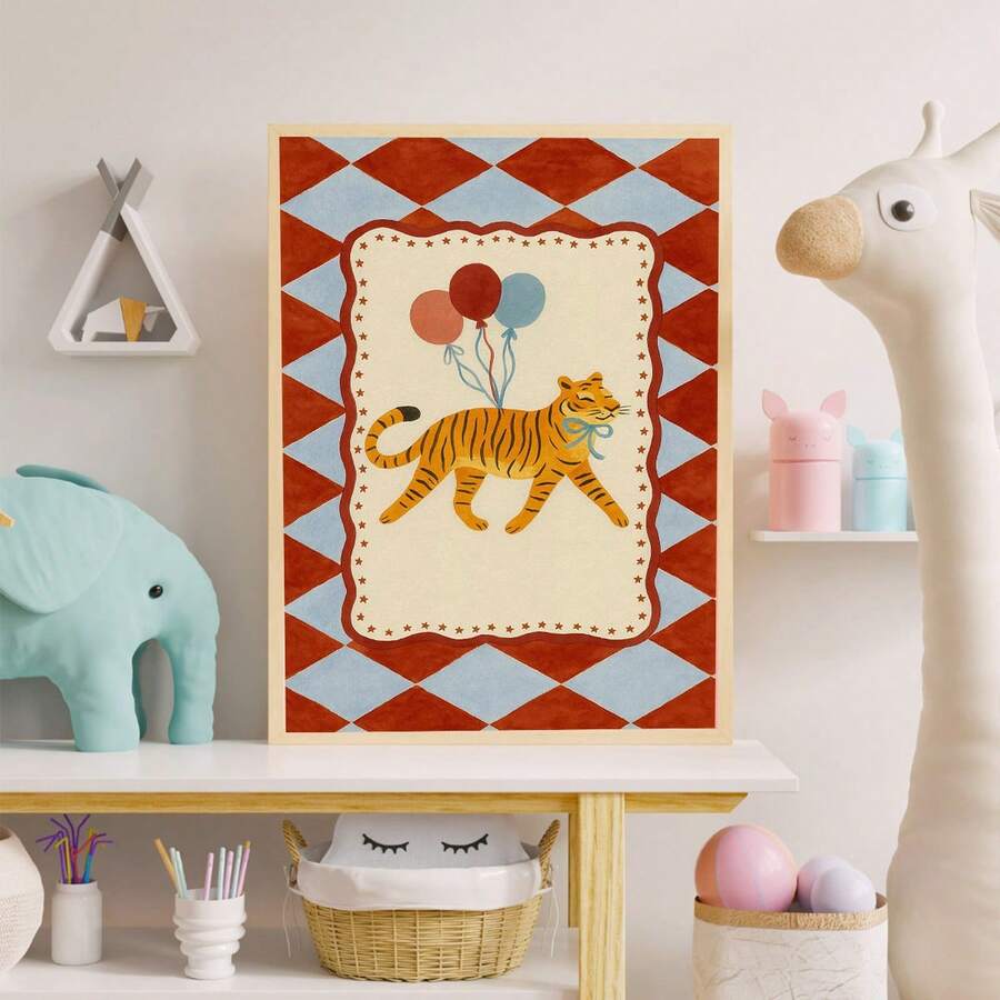 1pc Framed Canvas Wall Art, Tiger Theme For Kids Room, Circus Theme Nursery Decor, Balloon Animal Poster, Printable Children's Room Decor, Cartoon Animal Wall Art - Multicolor - View 1