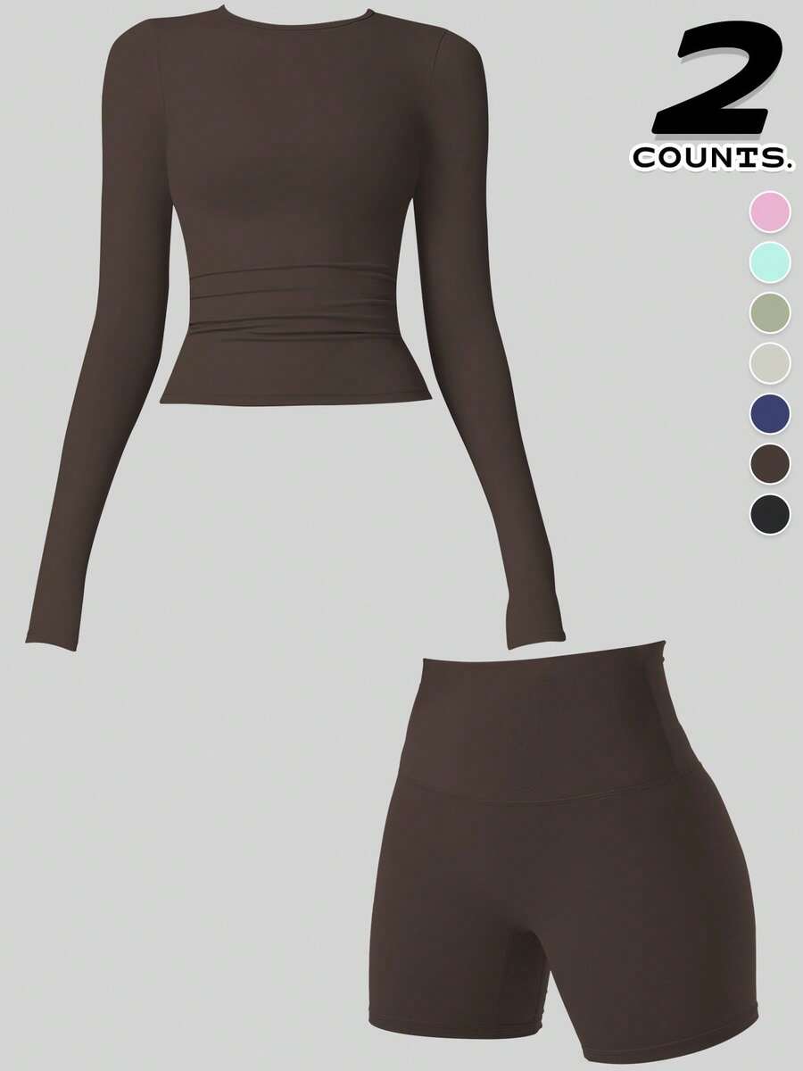 A Set Of Yoga Set For Hip Lift And Tummy Tuck, The Combination Of Comfortable Upper Sleeves And Hip Lift Shorts Is Suitable For Yoga Practice, Running, And Women's Gym Workouts For Festivals Can Be Worn - 棕色 - 查看 1