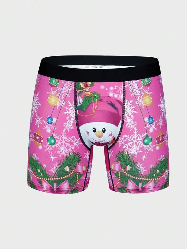1pc Pink Santa Claus & Snowflake Digital Print Underwear, Elastic Waist Breathable Men's Briefs, Perfect Christmas Gift For Husband/Wife