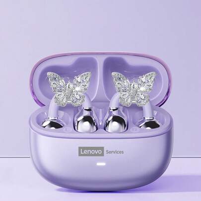 Lenovo 联想 LE302 时尚蓝牙耳机，带蝴蝶耳机配件，环绕声夹式耳机，高品质音频，低延迟，ENC 降噪，佩戴舒适，适合作为时尚耳环配饰和女性礼物