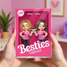 Besties Forever Pink Action Figure 3D Effect Personalized Acrylic Block, Meaningful Gift For Best Friend,Festive Calendar