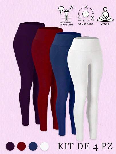 Set de 4 leggings afelpados deportivos para mujer, multicolor, clásicos y casuales, tela de poliéster y elastano, ideales para hacer deporte, ir al gimnasio o actividades al aire libre, aptos para temporadas de primavera, verano y otoño. Interior afelpado, suave, cálido y cómodo. Te llegarán 4 leggings en colores al azar.