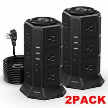 NVEESHOX Surge Protector Electrical Sockets With 4/5 USB Ports(2/3 Type C), 6.5/10FT Extension Cable With 8/12 AC Multi-Sockets, Surge Protector Power Strip Tower With Overload Protection For Home Office Dormitory - 美規B型插(110-127V) - 查看 10