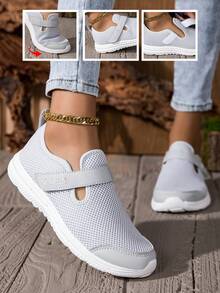 Women's Slip-On Mesh Shoes, Flat Heel, Casual Comfort Sneakers, Gray, Hook And Loop Closure, Soft Sole, Lightweight, Daily Wear, Autumn - Grey - View 4