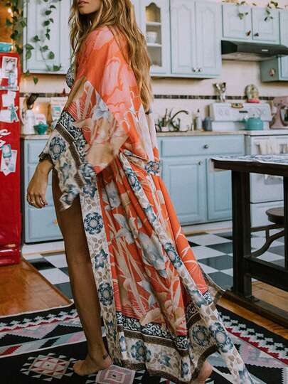 Women Casual Loose Overall, Female Tangerine Floral Printed Pattern Long Sleeve One-Piece