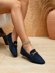 秋冬女士优雅海军蓝绒面鹿装饰金属扣平底方头乐福鞋，纯色学院风，室内家居服 - 寶藍色 - 查看 4