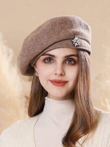 1pc Vintage Inspired Casual Wool Beret Hat With Rhinestones, Flattering Painter Cap, Versatile For Autumn/Winter, Suitable For Valentine's Day